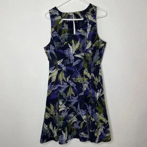 Adorne Womens Navy Blue Sleeveless Fit & Flare Dress Size 14 V-neck Leaf Print